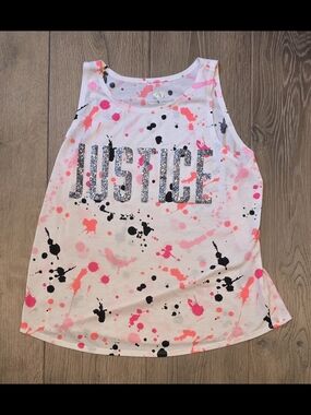 Justice Girls Glitter Logo Splatter Tank Top White Pink Black Sleeveless 18/20